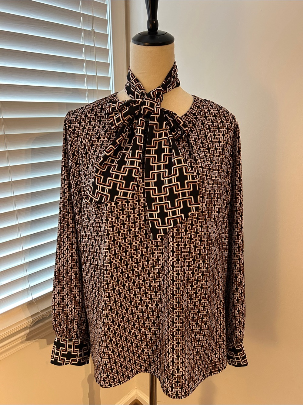 Black and Brown Geometric Blouse With Tie